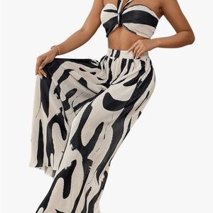2 Piece Outfit - Crop Halter Top and Wide Leg Pants Set